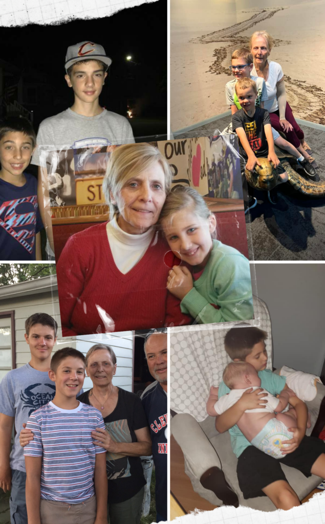 Family collage showing Justin Burgy’s mother with her grandchildren and family throughout the years