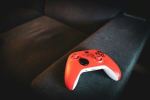 Video game controller on couch after kids are already in bed