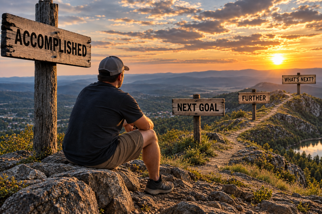 A man sits on a mountain overlooking signs that read Accomplished, Next Goal, Further, and What's Next, representing ambition and never feeling satisfied with what you've accomplished.